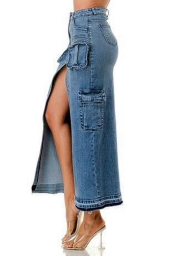 Stretch cargo denim skirt